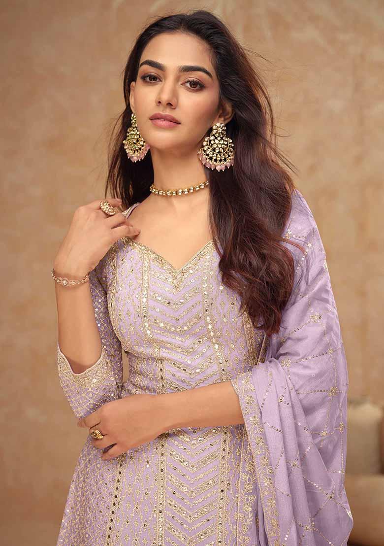 Lilac Printed Chinnon Silk Palazzo Set With Dupatta