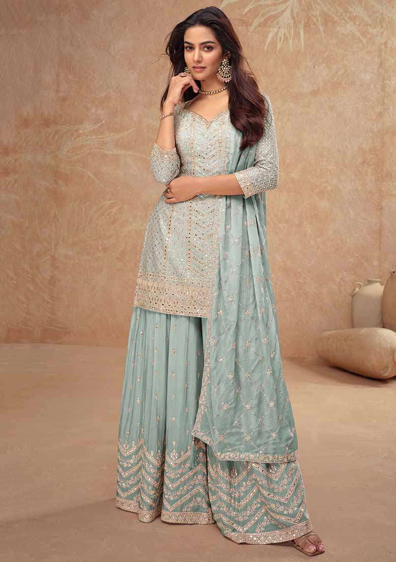 Blue Embroidered Chinon Sharara Set - Indya