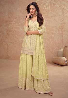 Light Yellow Printed Chinnon Silk Palazzo Set With Dupatta