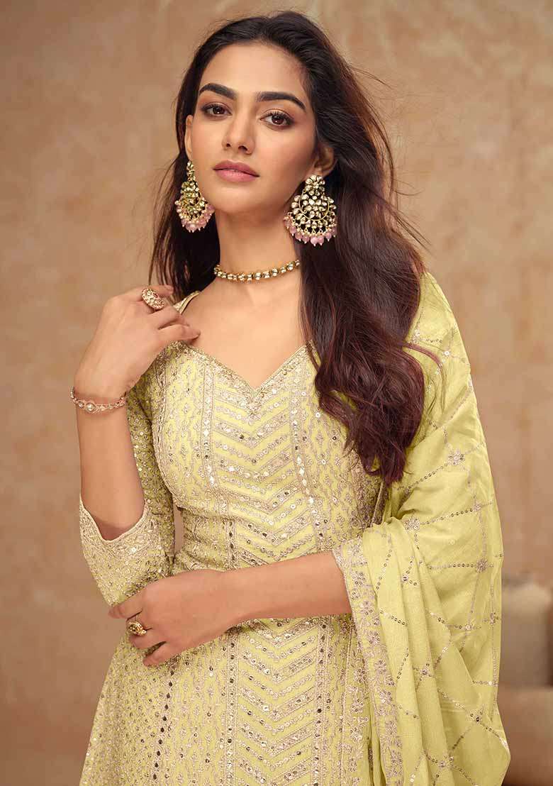 Light Yellow Embroidered Chinon Sharara Set - Indya