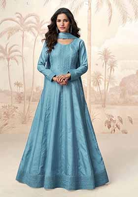 Blue Embroidered Silk Anarkali Set With Dupatta