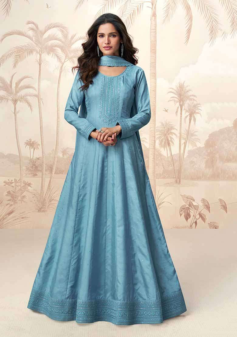 Blue Embroidered Silk Anarkali With Dupatta With Dupatta - Indya