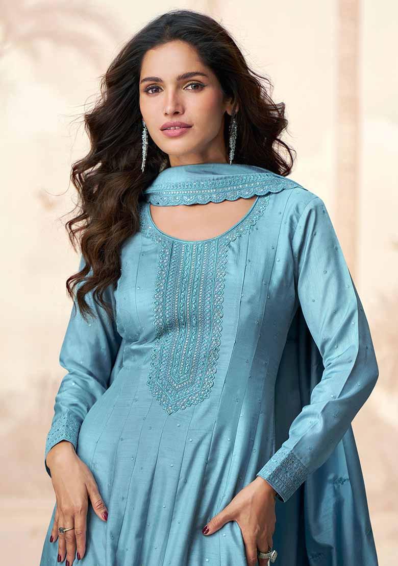 Blue Embroidered Silk Anarkali Set With Dupatta