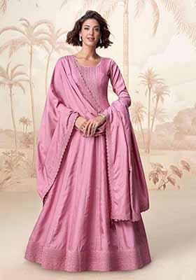 Pink Embroidered Silk Anarkali Set With Dupatta