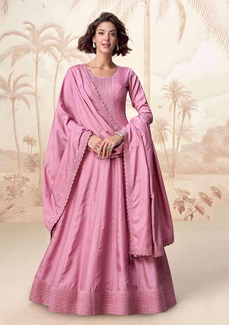 Pink Embroidered Silk Anarkali With Dupatta With Dupatta - Indya