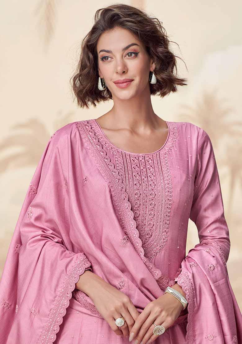 Pink Embroidered Silk Anarkali Set With Dupatta