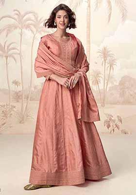 Peach Embroidered Silk Anarkali Set With Dupatta