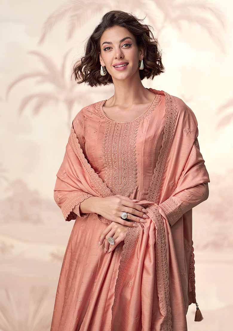 Peach Embroidered Silk Anarkali Set With Dupatta