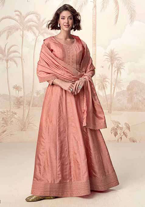 Peach Embroidered Silk Anarkali With Dupatta With Dupatta