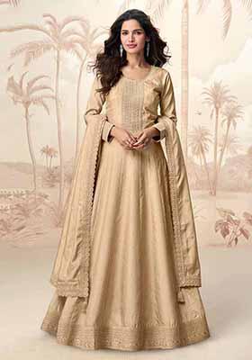 Cream Embroidered Silk Anarkali Set With Dupatta