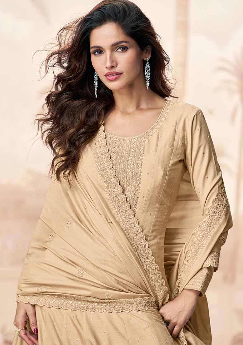 Cream Embroidered Silk Anarkali Set With Dupatta