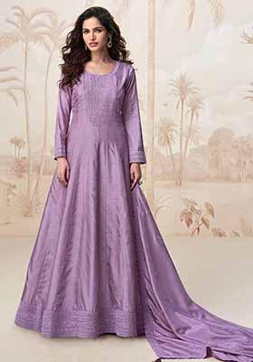 Lilac Embroidered Silk Anarkali Set With Dupatta