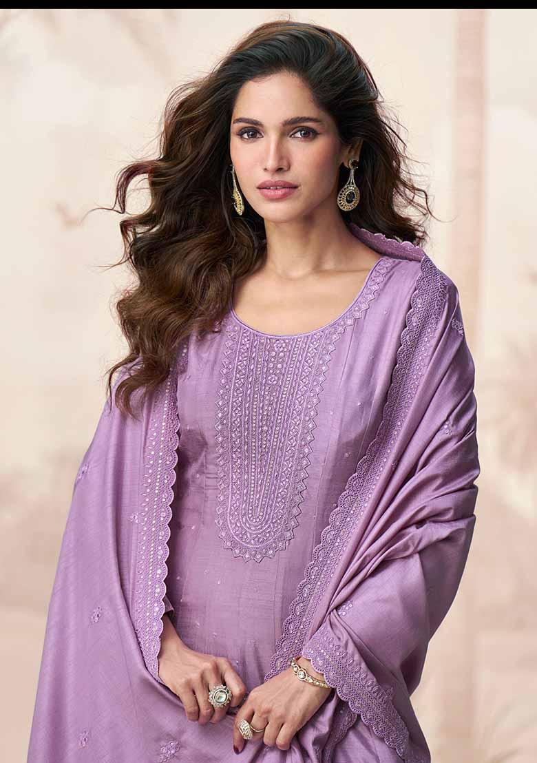 Lilac Embroidered Silk Anarkali Set With Dupatta