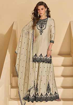 Off White Embroidered Chinnon Silk Palazzo Set With Dupatta