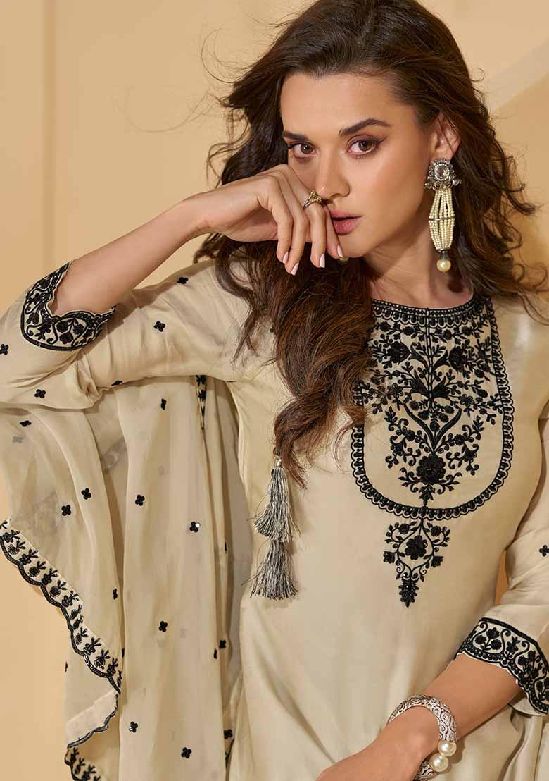 Off White Embroidered Chinnon Silk Palazzo Set With Dupatta
