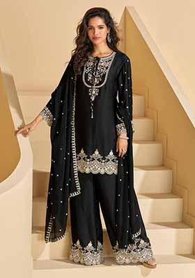 Black Embroidered Chinnon Silk Palazzo Set With Dupatta