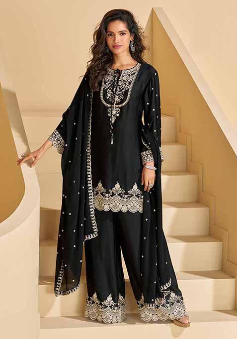 Black Embroidered Chinnon Silk Palazzo Set With Dupatta