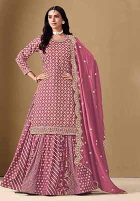 Pink Embroidered Art Silk Lehenga Set With Dupatta