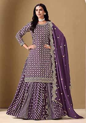 Purple Embroidered Art Silk Lehenga Set With Dupatta