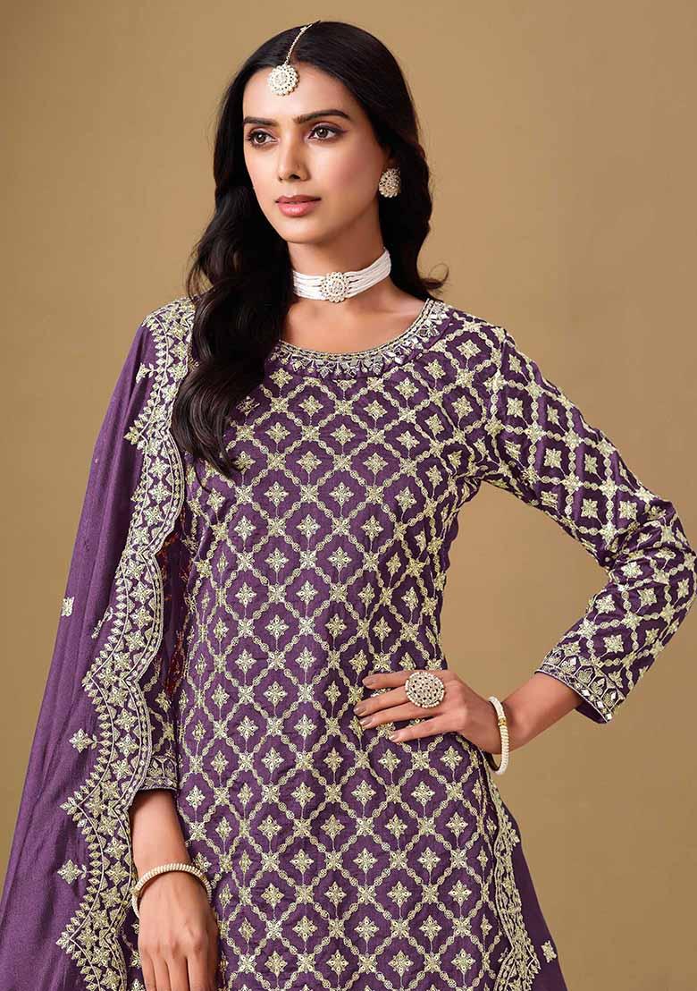 Purple Embroidered Art Silk Lehenga Set With Dupatta