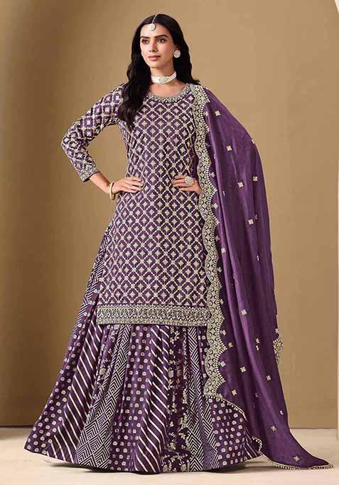 Purple Embroidered Art Silk Lehenga Set With Dupatta