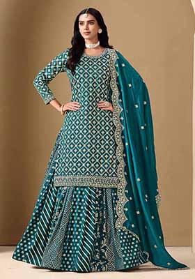Teal Green Embroidered Art Silk Lehenga Set With Dupatta
