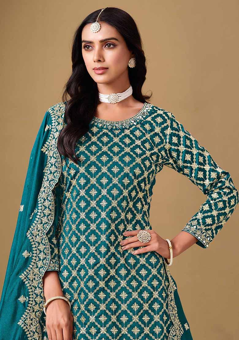 Teal Green Embroidered Art Silk Lehenga Set With Dupatta