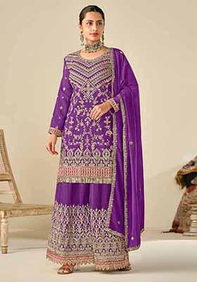 Purple Embroidered Chinnon Silk Palazzo Set With Dupatta