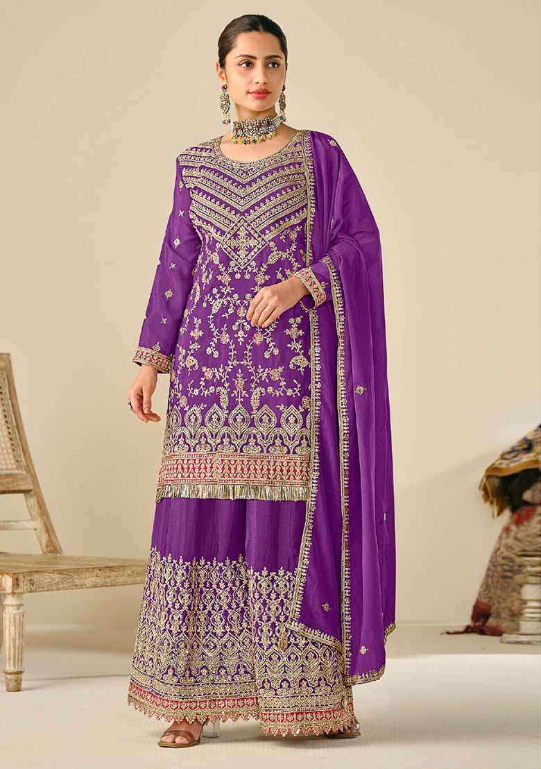 Purple Embroidered Chinon Sharara Set - Indya