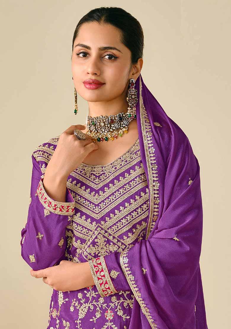 Purple Embroidered Chinnon Silk Palazzo Set With Dupatta