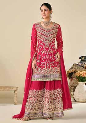 Pink Embroidered Chinnon Silk Palazzo Set With Dupatta