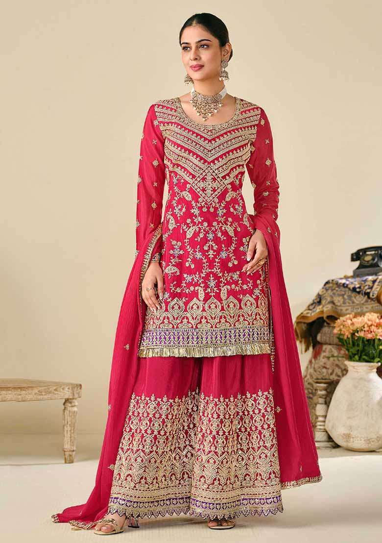 Pink Embroidered Chinon Sharara Set - Indya
