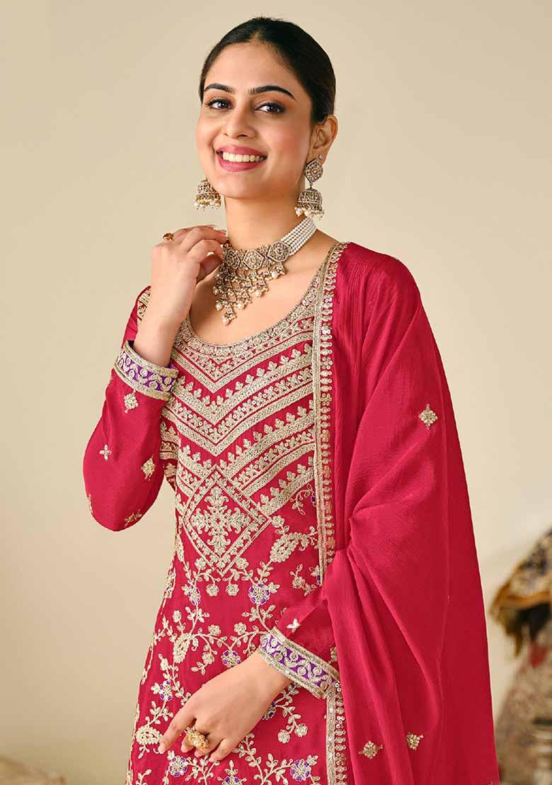 Pink Embroidered Chinnon Silk Palazzo Set With Dupatta