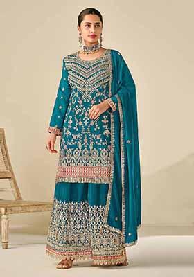 Turquoise Blue Embroidered Chinnon Silk Palazzo Set With Dupatta