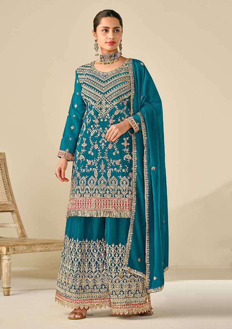 Turquoise Blue Embroidered Chinon Sharara Set - Indya