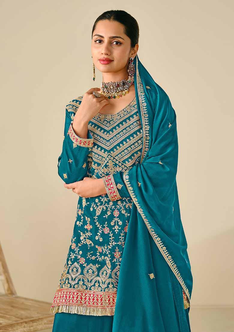 Turquoise Blue Embroidered Chinnon Silk Palazzo Set With Dupatta
