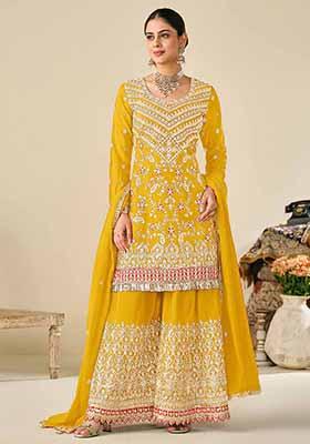 Yellow Embroidered Chinnon Silk Palazzo Set With Dupatta