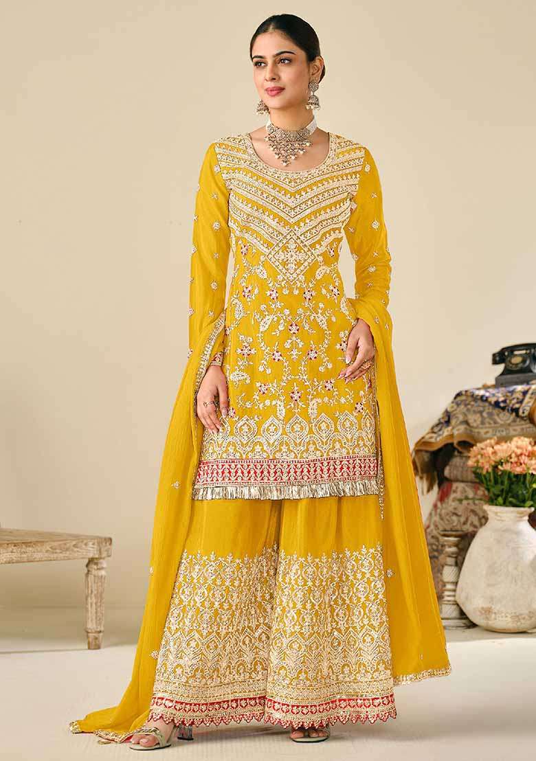 Yellow Embroidered Chinon Sharara Set - Indya