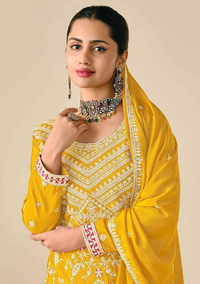 Yellow Embroidered Chinnon Silk Palazzo Set With Dupatta