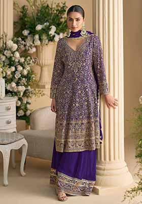Purple Embroidered Georgette Palazzo Set With Dupatta