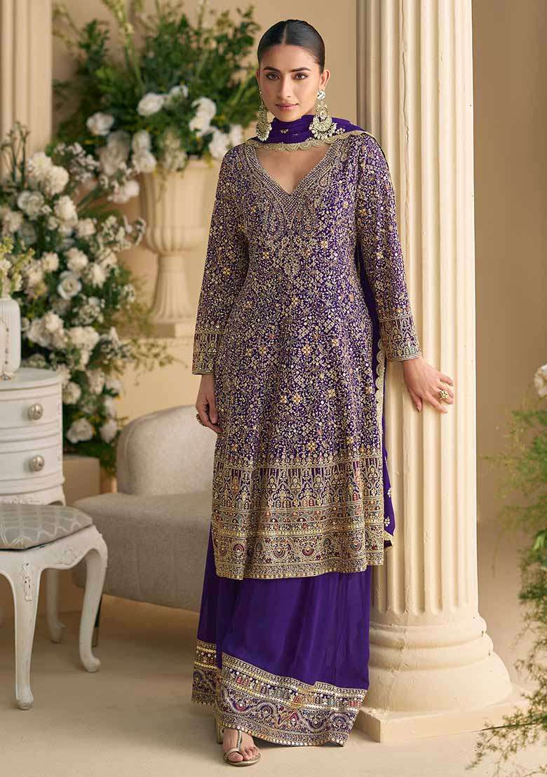 Purple Embroidered Georgette Palazzo Set With Dupatta - Indya