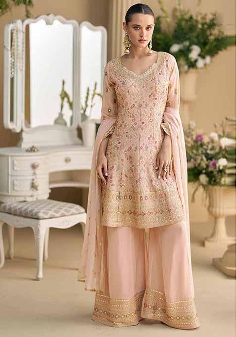 Pink Embroidered Georgette Palazzo Set With Dupatta
