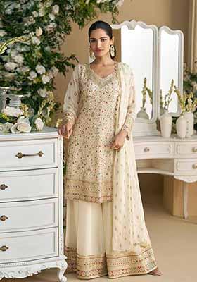 Beige Embroidered Georgette Palazzo Set With Dupatta