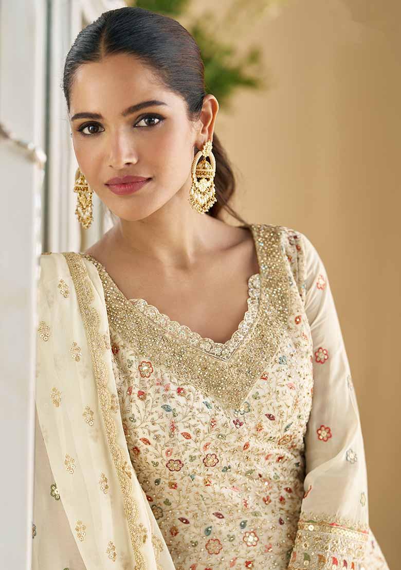 Beige Embroidered Georgette Palazzo Set With Dupatta