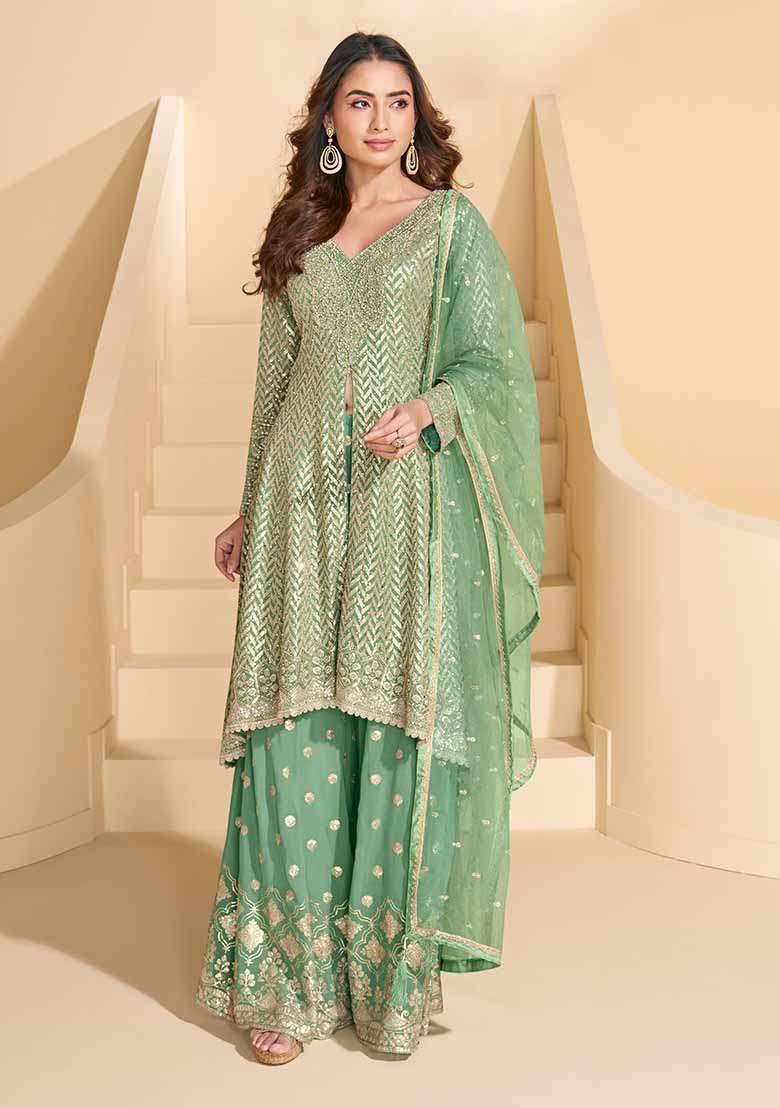 Sea Green Embroidered Georgette Palazzo Set With Dupatta - Indya