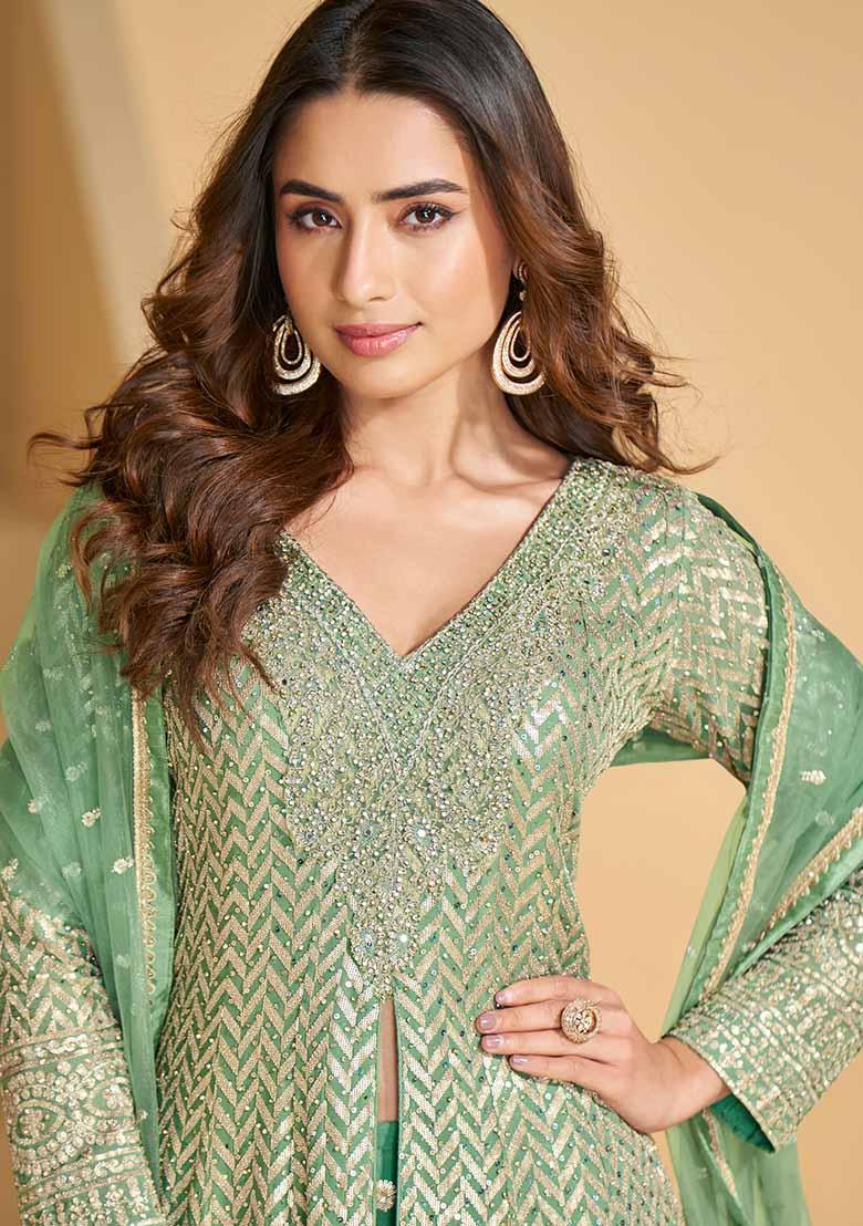 Sea Green Embroidered Georgette Palazzo Set With Dupatta