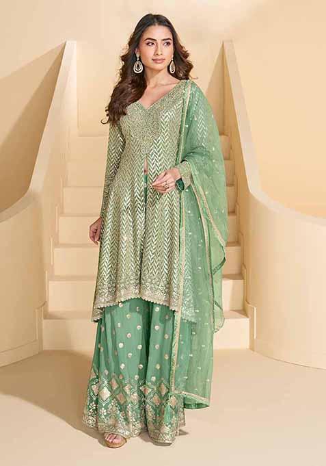 Sea Green Embroidered Georgette Palazzo Set With Dupatta
