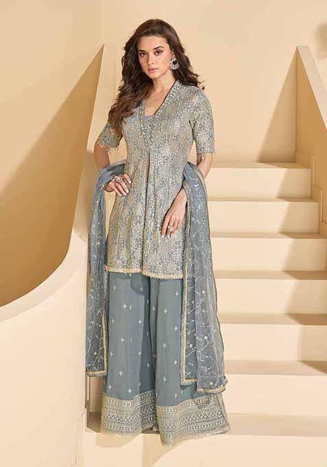 Blue Embroidered Georgette Palazzo Set With Dupatta