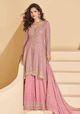 Pink Embroidered Georgette Palazzo Set With Dupatta