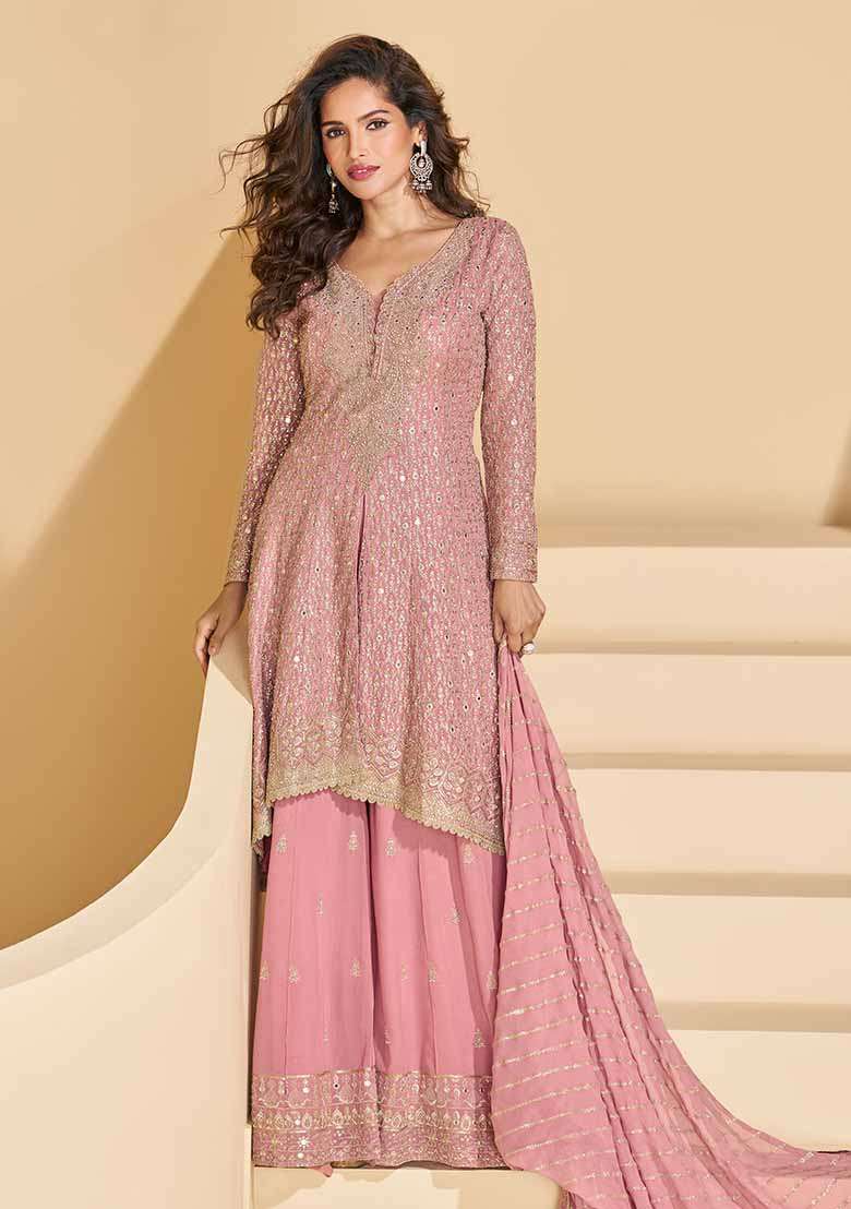 Pink Embroidered Georgette Palazzo Set With Dupatta - Indya